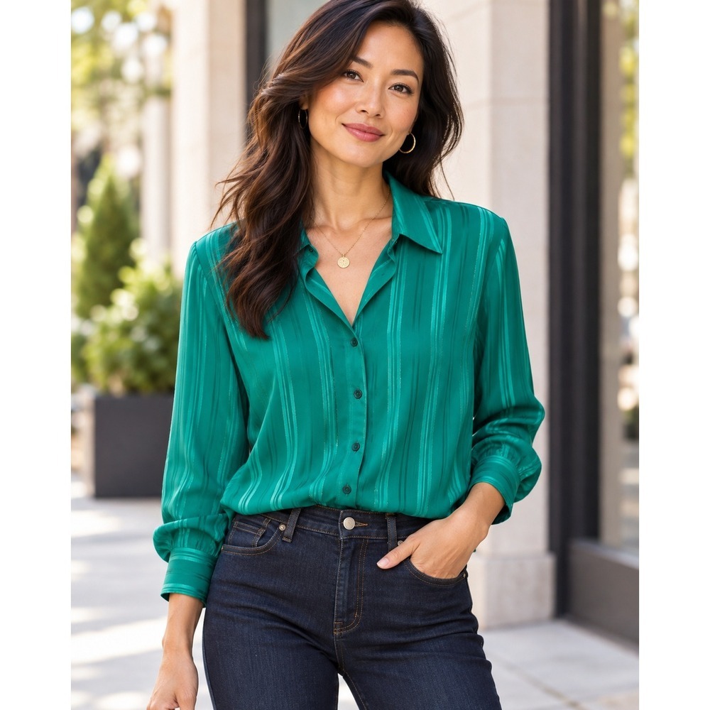 Vintage Joanna Emerald Green Metallic Stripe Stretch Button Down Blouse Large